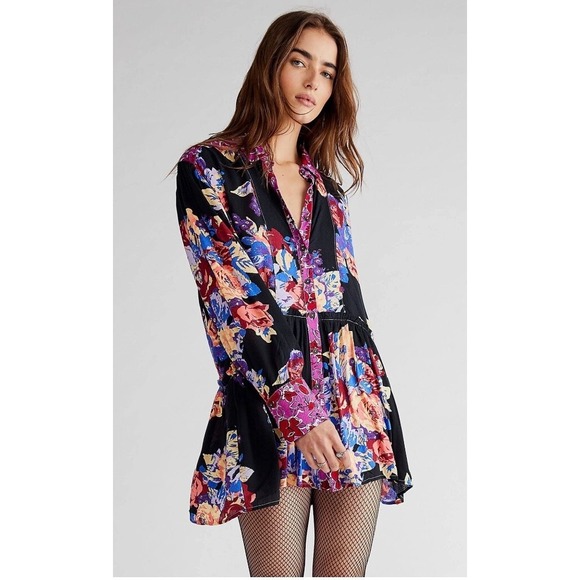 Free People Brunch A Bunch Floral Tunic Top Dress Button Up Black Size Small - Picture 1 of 7